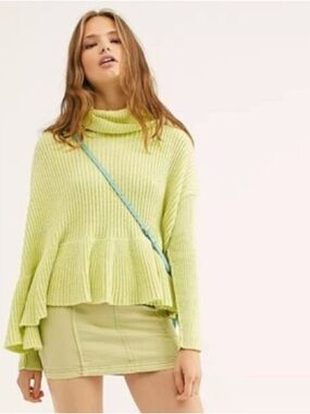 Free People Peplum Turtleneck Layer Cake Sweater Key Lime Small Oversized